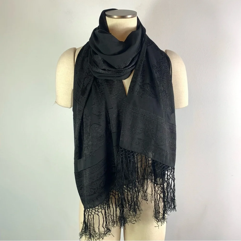 Black Damask Beautiful Silk Scarf with Fringe Edges